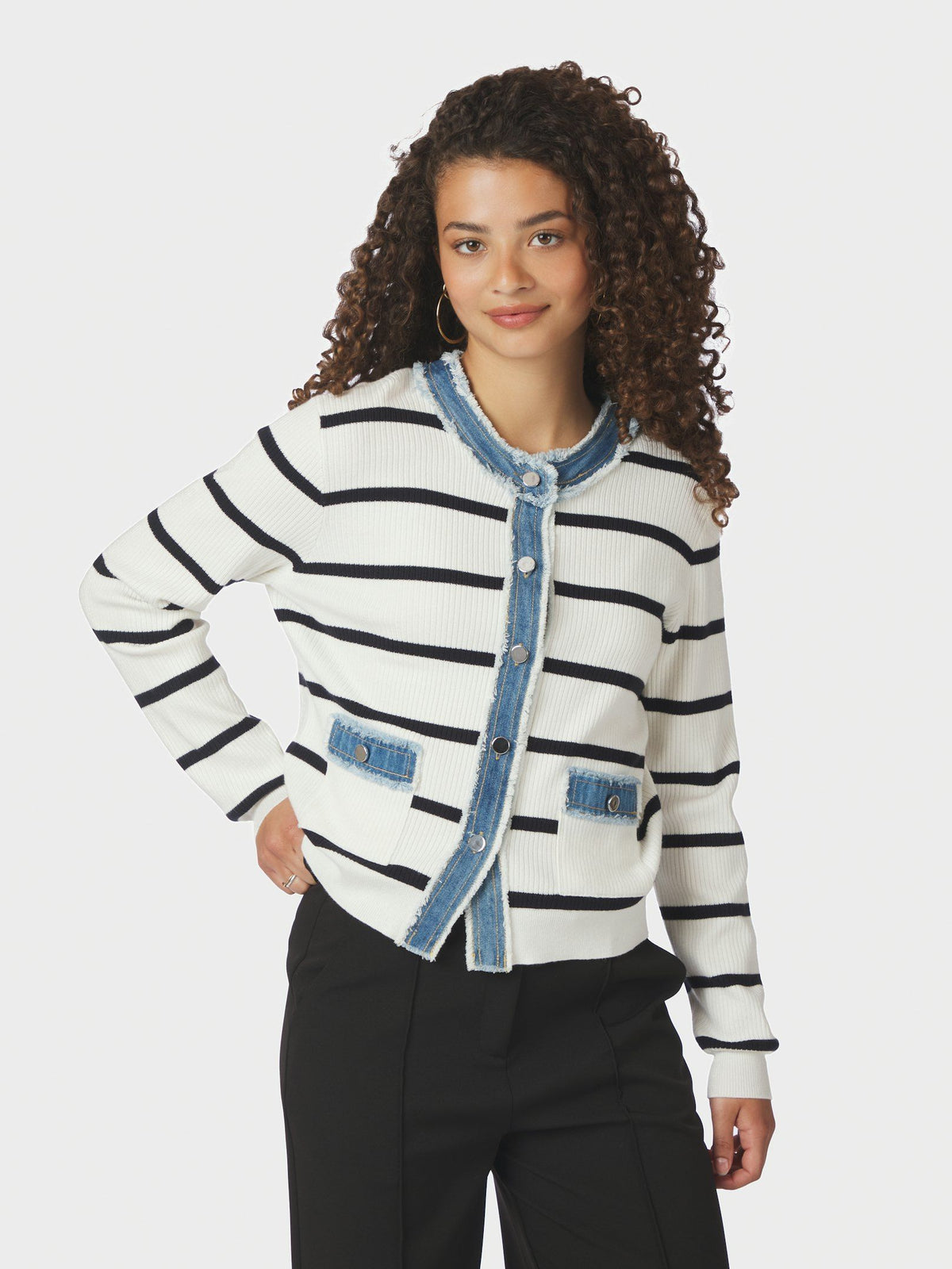 Neo Noir Zelma Stripe Denim Cardigan - Off White