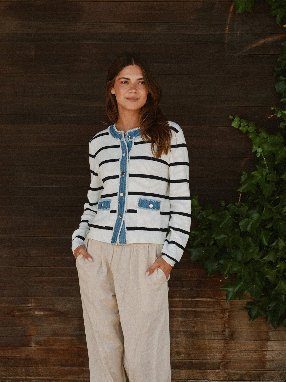 Neo Noir Zelma Stripe Denim Cardigan - Off White