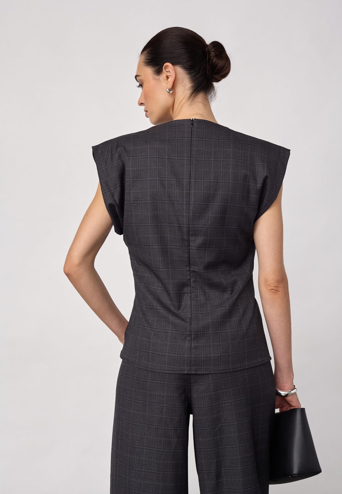 Co'couture EloraCC Check Pleat Top- Dark Grey