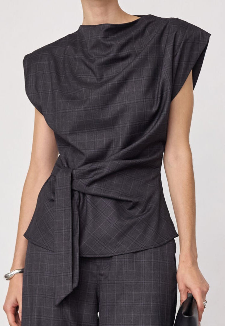 Co'couture EloraCC Check Pleat Top- Dark Grey