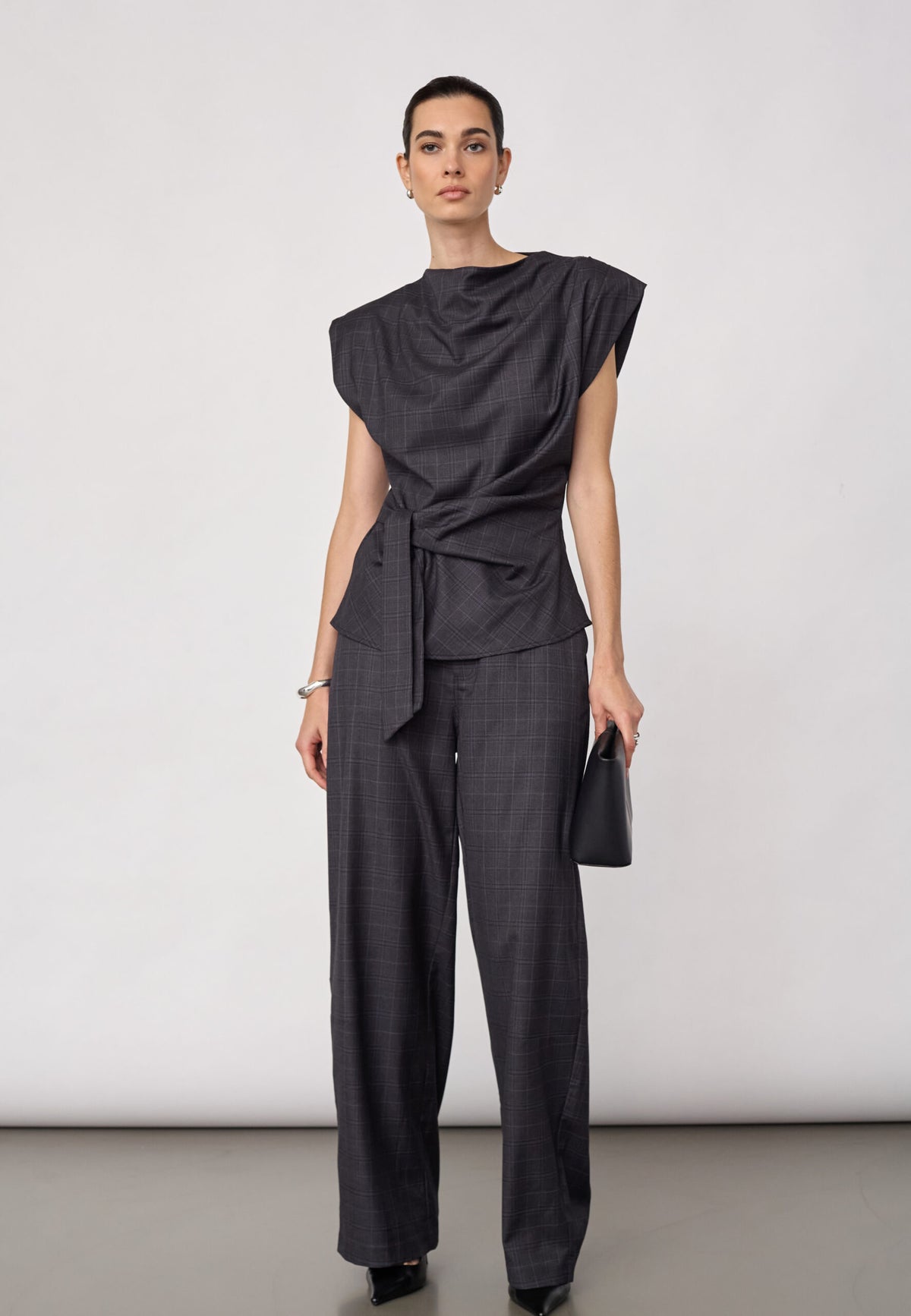 Co'couture EloraCC Check Pleat Top- Dark Grey