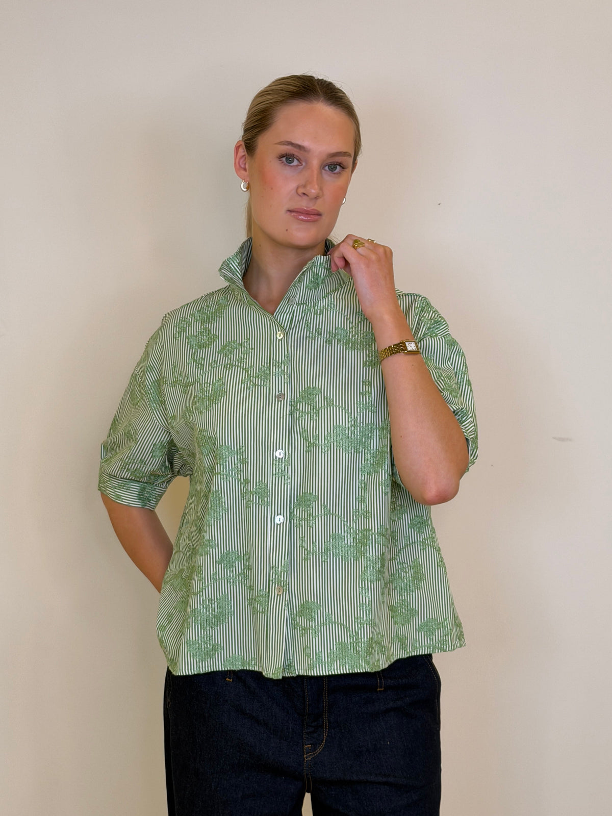 Continue Jessie Green Stripe Skjorte - Green Stripe