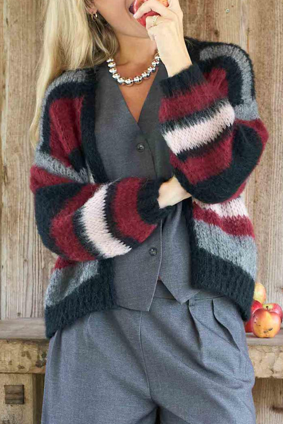 Black Colour BCLina Striped Strik Cardigan  - Wine