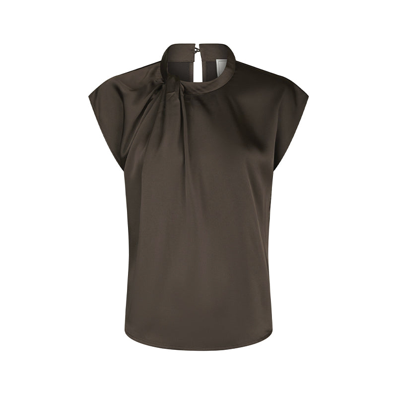 Neo Noir Fleur Drapy Satin Bluse - Dark Brown