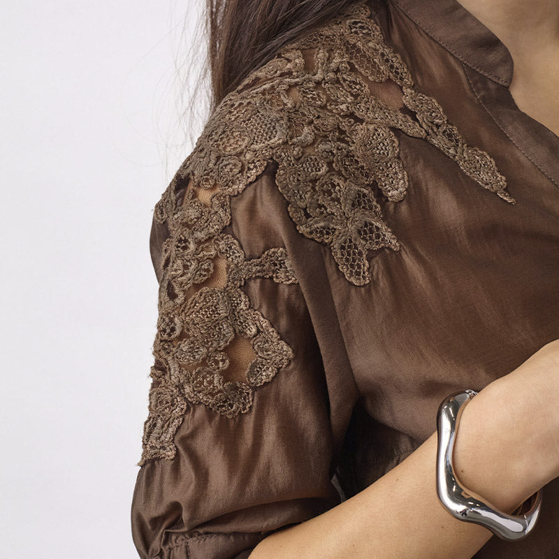 Co'couture KawaCC Emb. SS V-Skjorte - Dark Brown