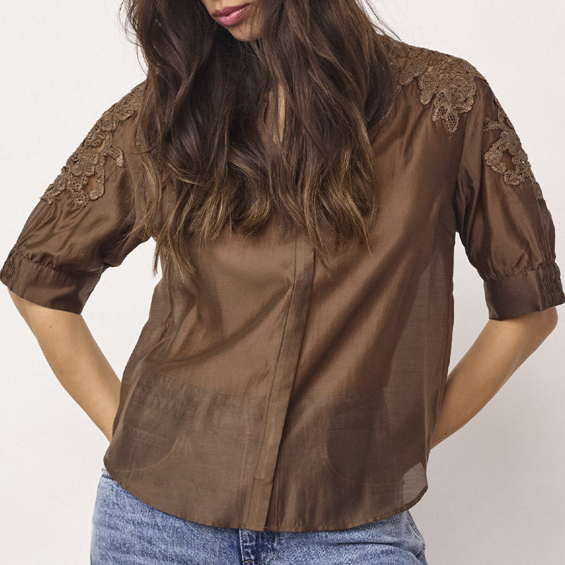 Co'couture KawaCC Emb. SS V-Skjorte - Dark Brown