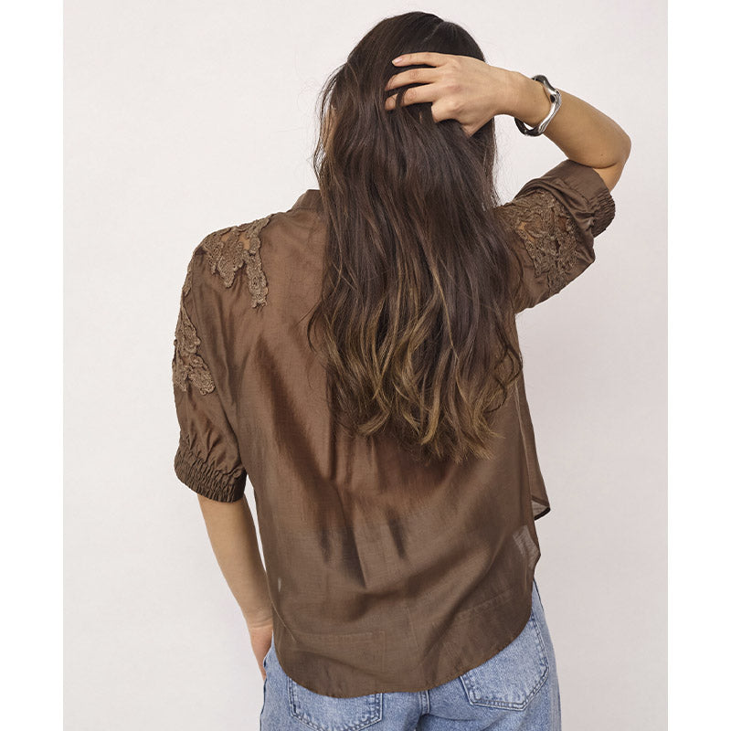 Co'couture KawaCC Emb. SS V-Skjorte - Dark Brown