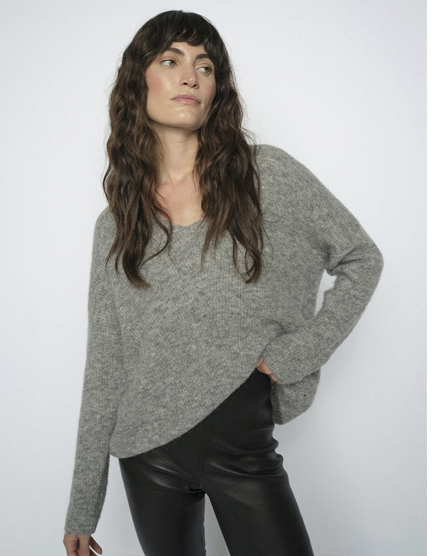 Mos Mosh MMThora V-neck Strik - Grey Melange