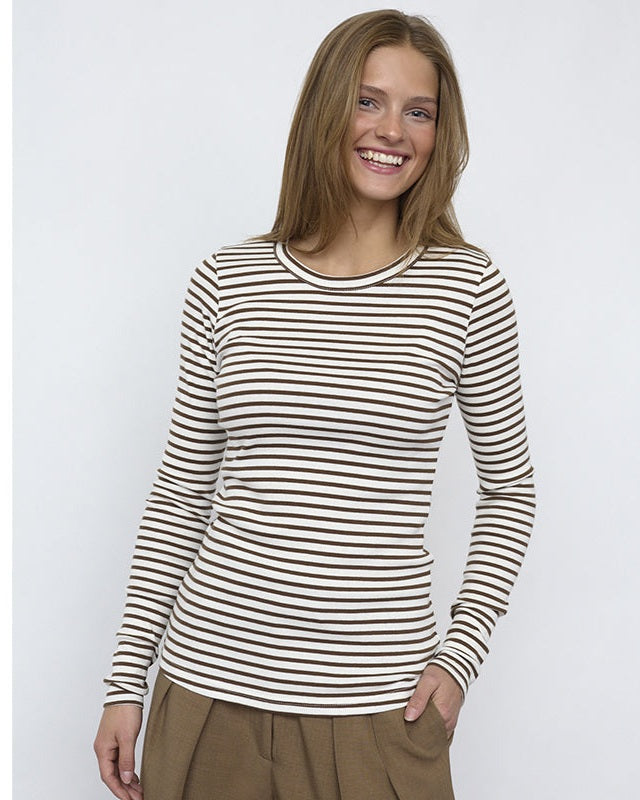 Sisters Point Eike-ls.str Langærmet T-shirt - Cream/ Brown